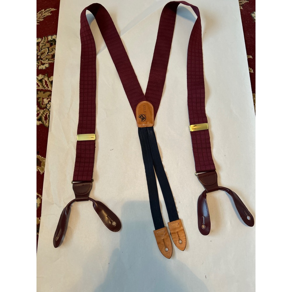 Cole‎ Haan Burgundy Braces Suspenders Leather Accents Gold Hardware Men's